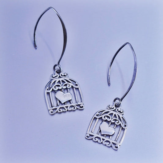 Vintage Sterling 925 silver handmade cage heart earrings