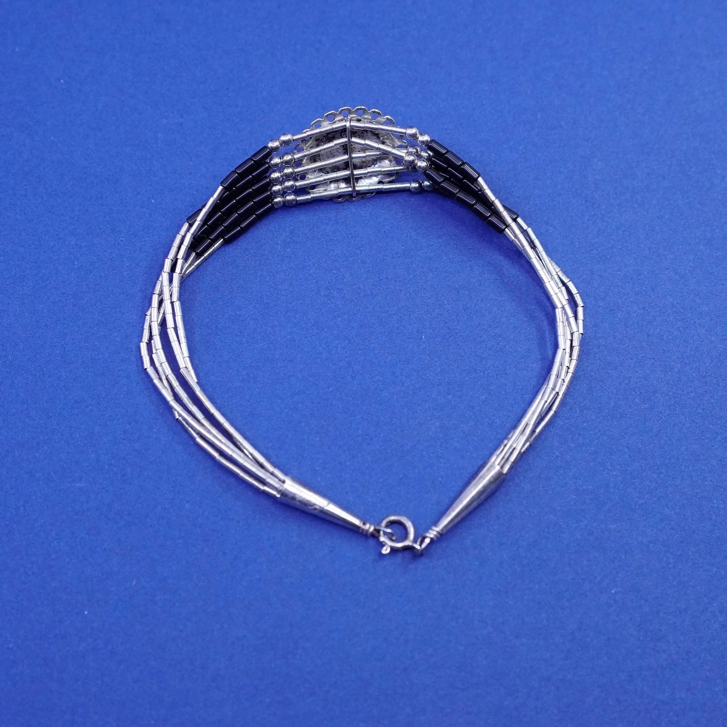 7”, vintage sterling handmade bracelet, 925 liquid silver chain with obsidian