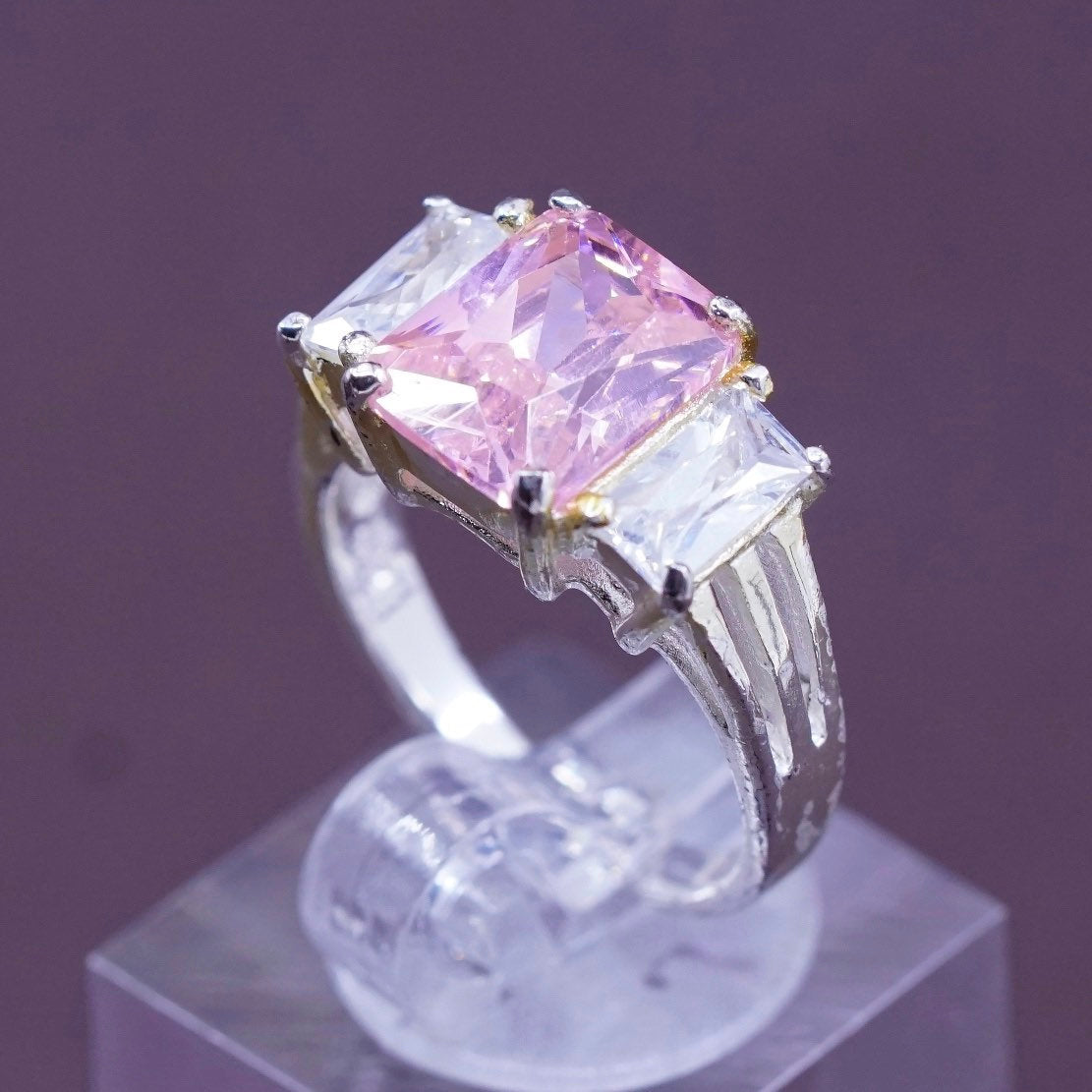 Size 7, vintage Sterling 925 silver ring with pink crystal and clear cz