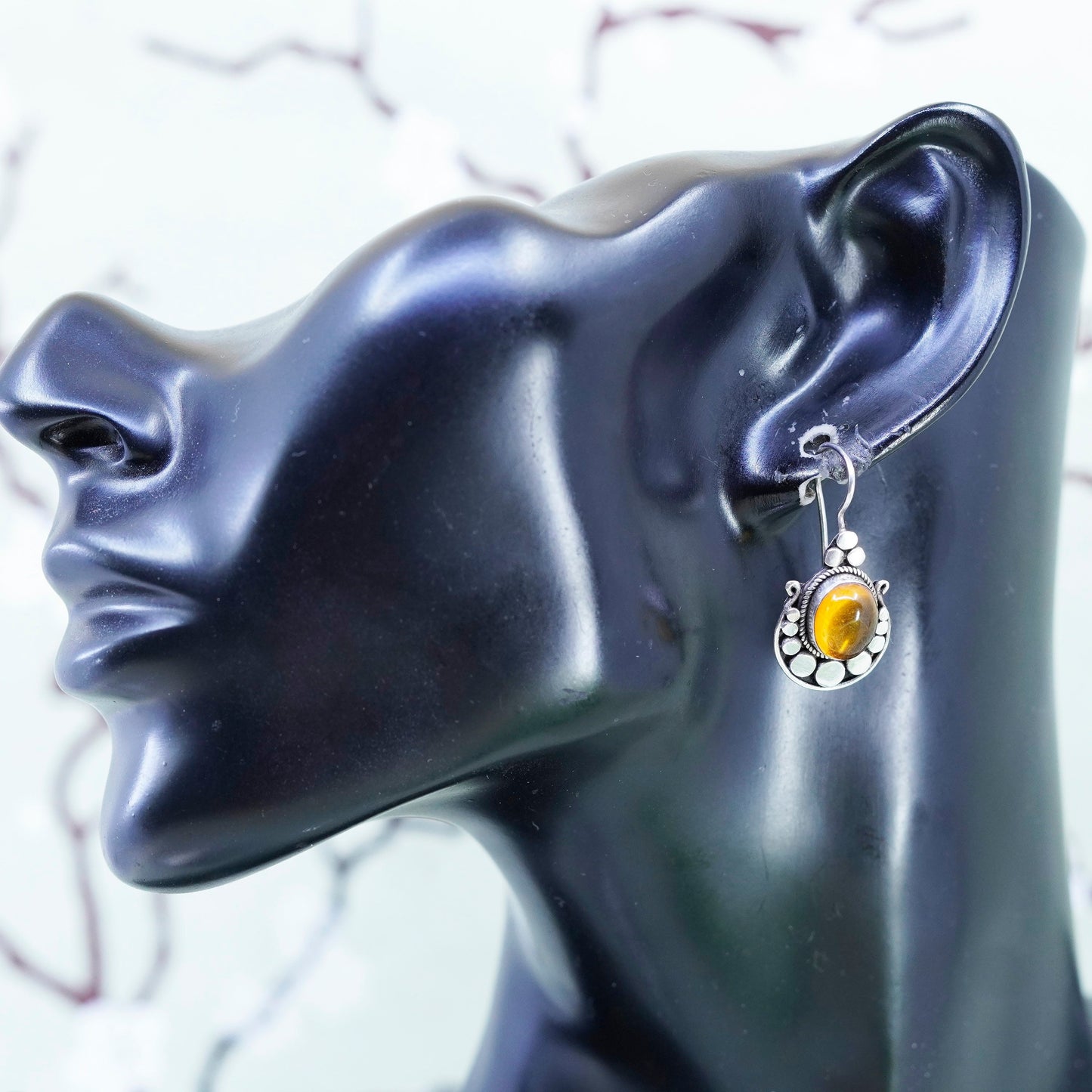 Vintage Sterling 925 silver handmade earrings with amber and beads
