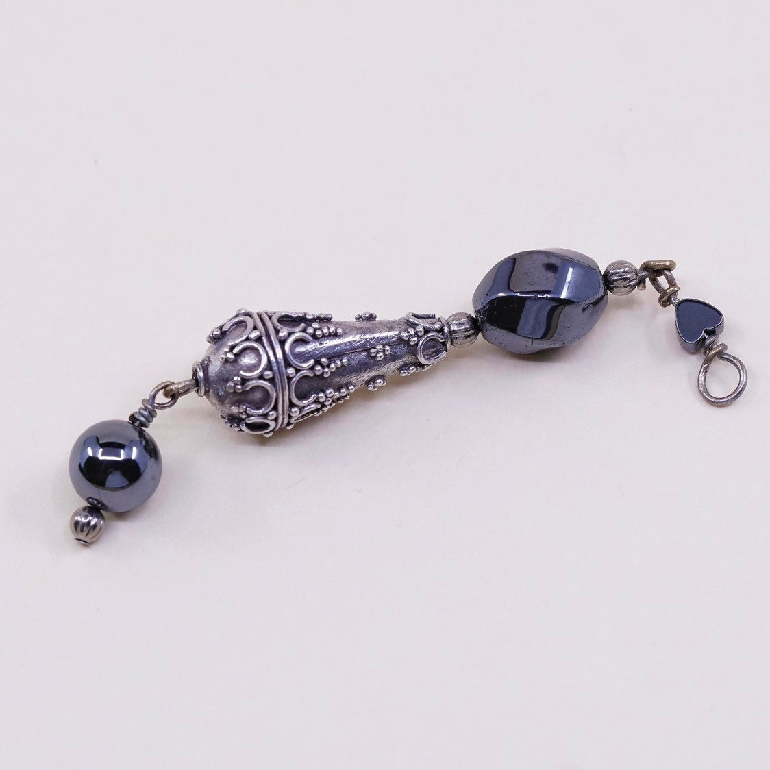 VTG Bali sterling silver handmade pendant, 925 teardrop charm w/ hematite
