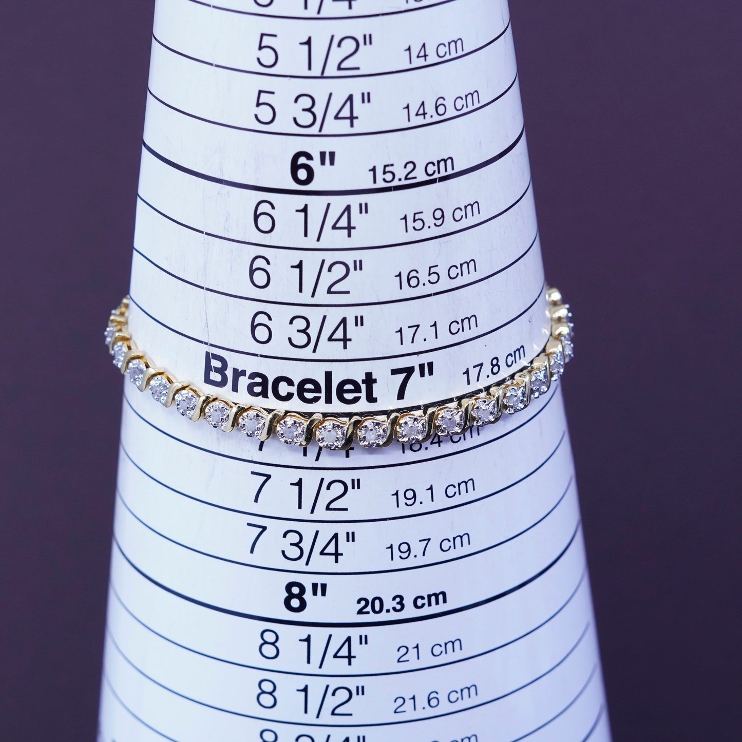 7.25”, vermeil gold over Sterling 925 silver tennis bracelet, chain diamonds