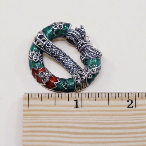 Vtg Christmas Sterling Silver Habdmade Pendant, 925 W/ Enamel Marcasite Wreath