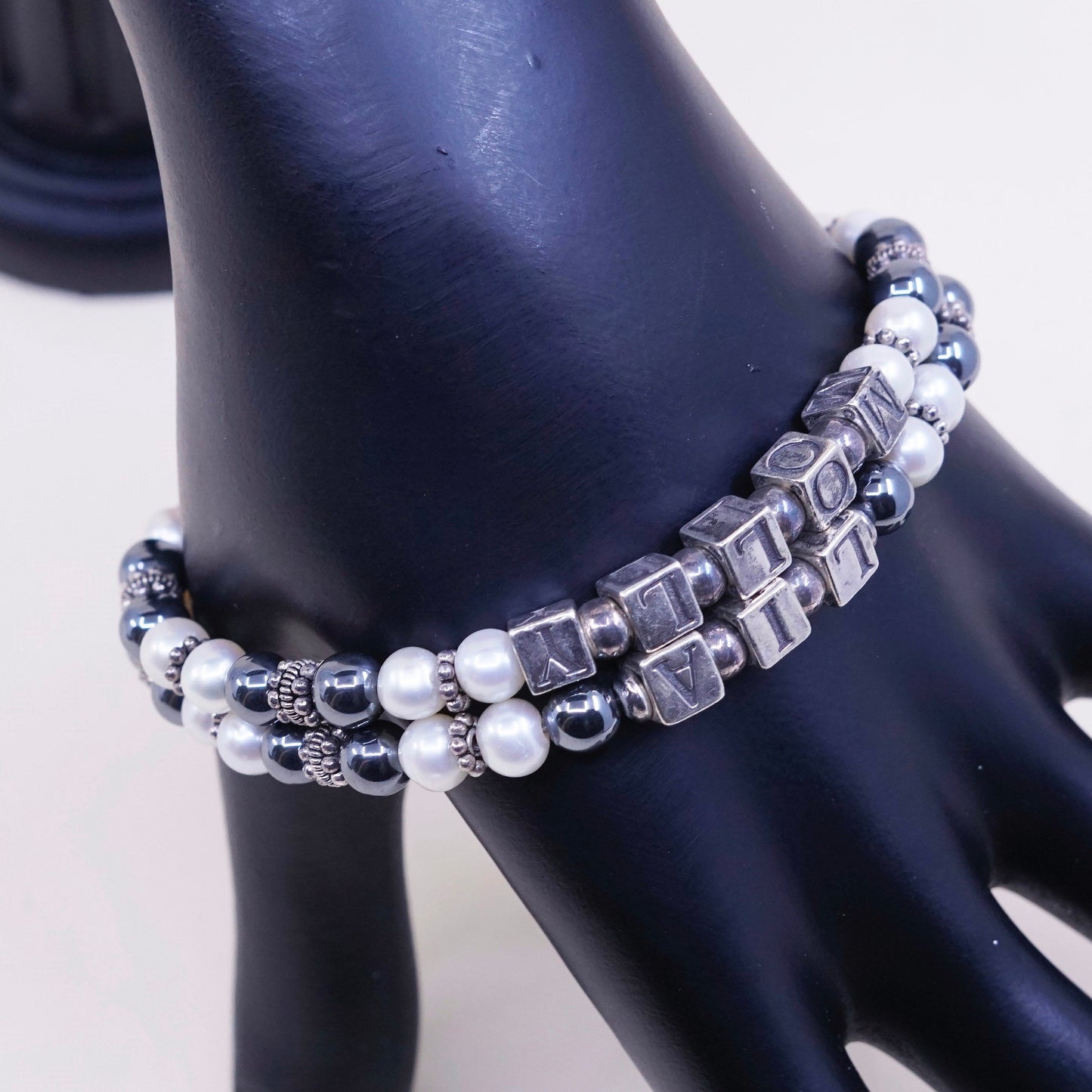 7.5”, MB sterling 926 silver bracelet, monogram hematite pearl chain “molly Lia
