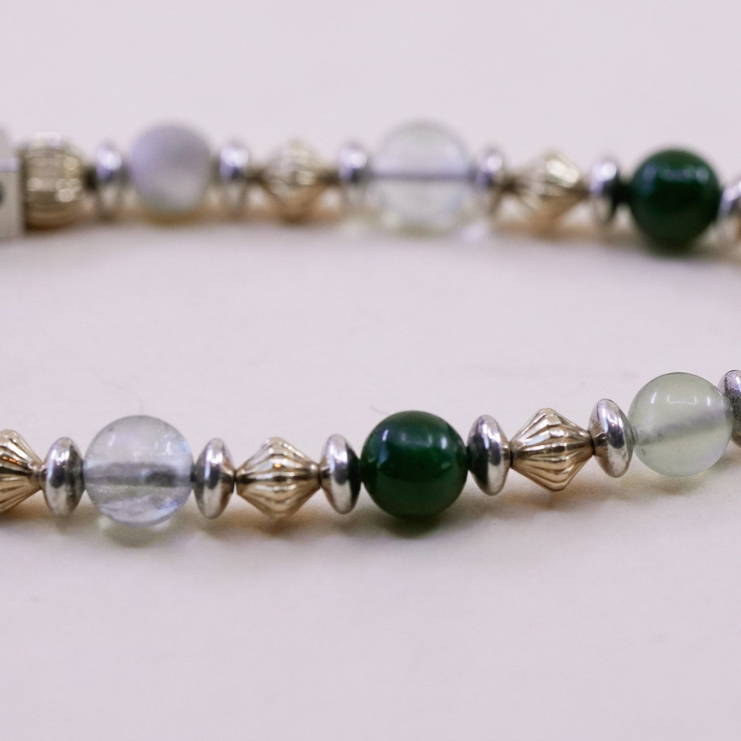 6.5”, 14K gold beads Sterling 925 Silver prehnite jade bracelet “JDPM” cubes