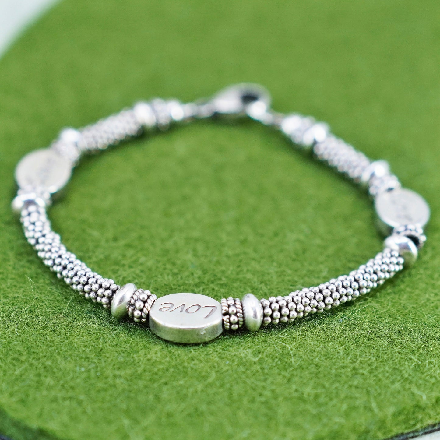 6.25”, Vintage handmade 925 sterling silver bracelet, pearl beads love charms