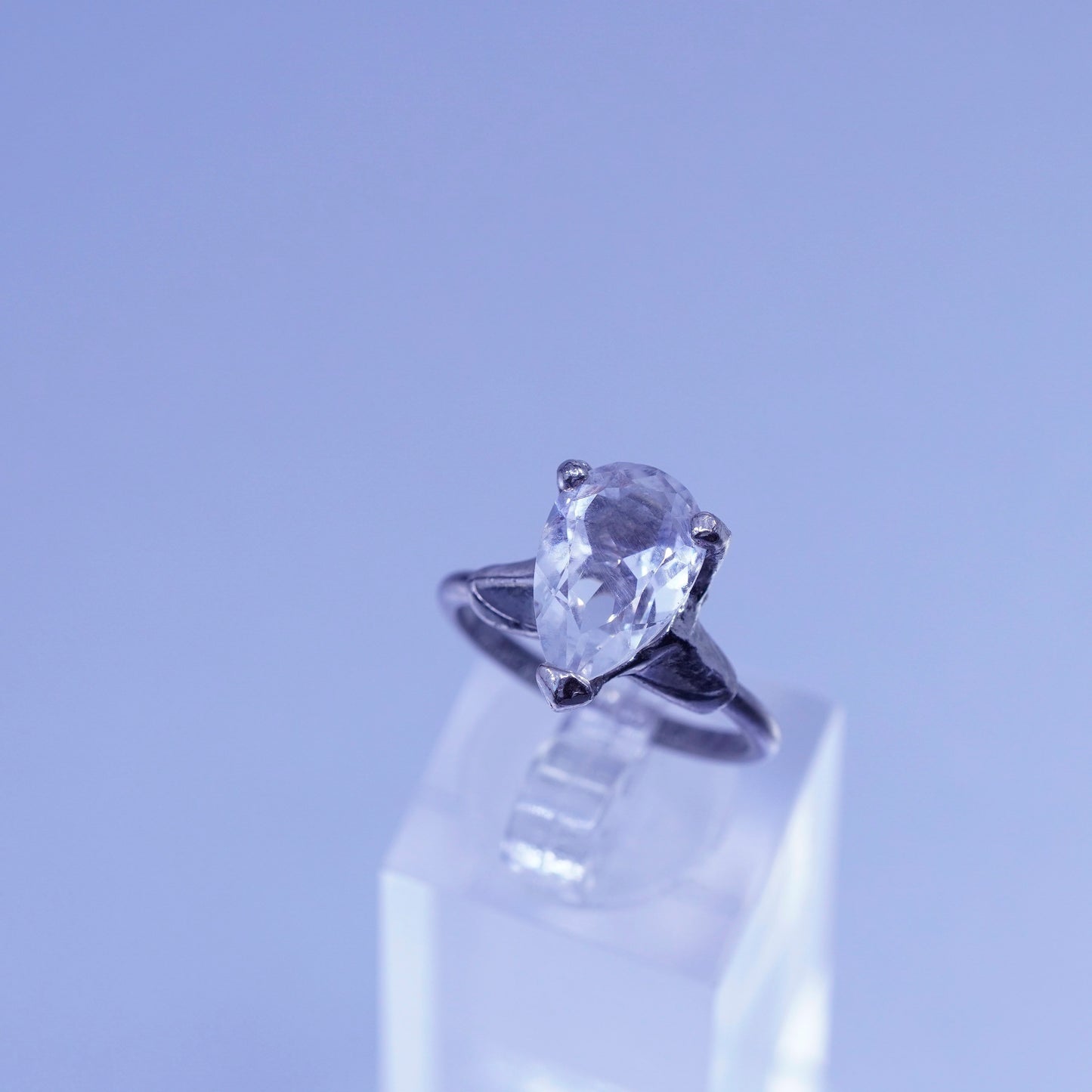Size 7, vintage Sterling 925 silver engagement ring with teardrop Cz