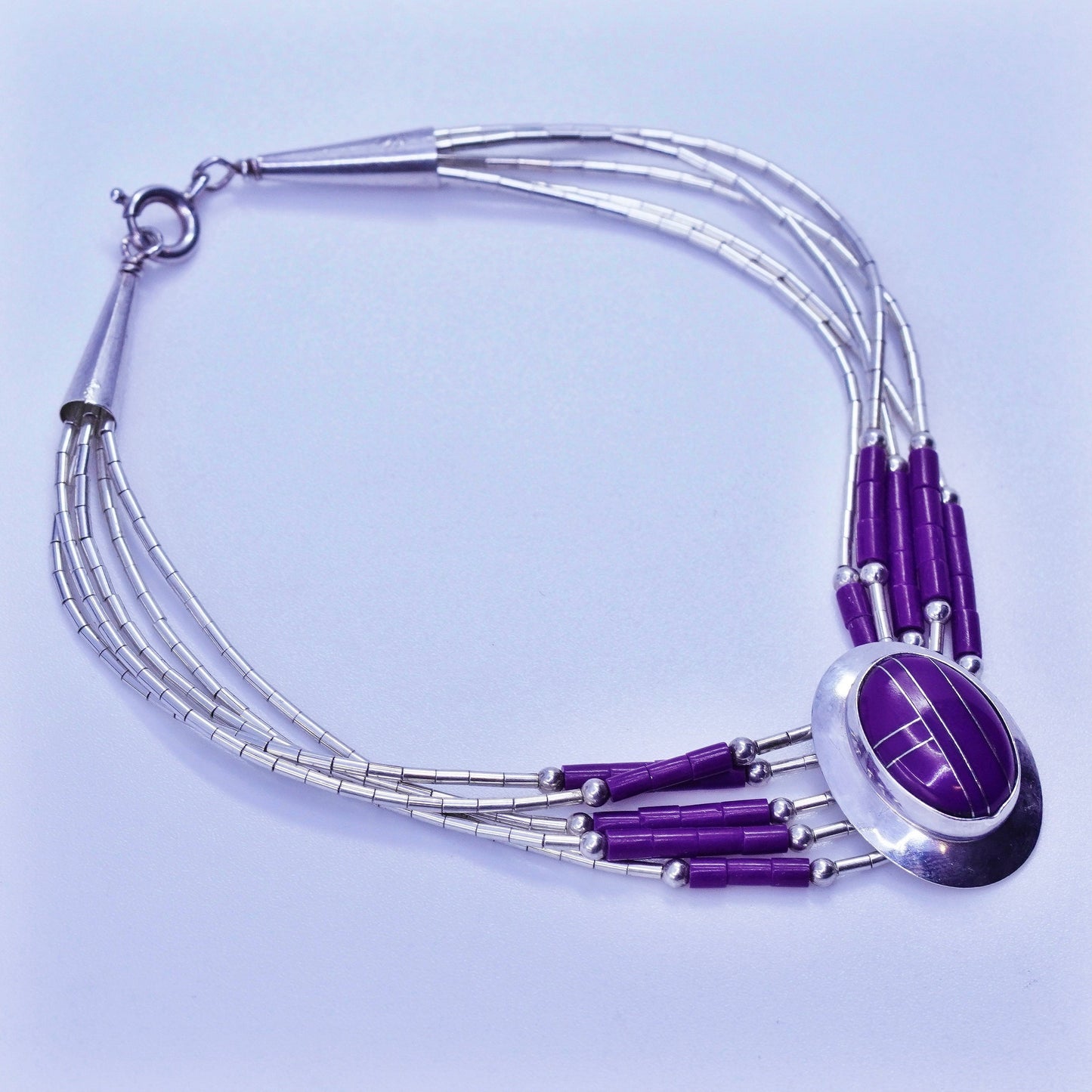 7.5”, Vintage Sterling 925 silver handmade bracelet, liquid chain Zuni charm