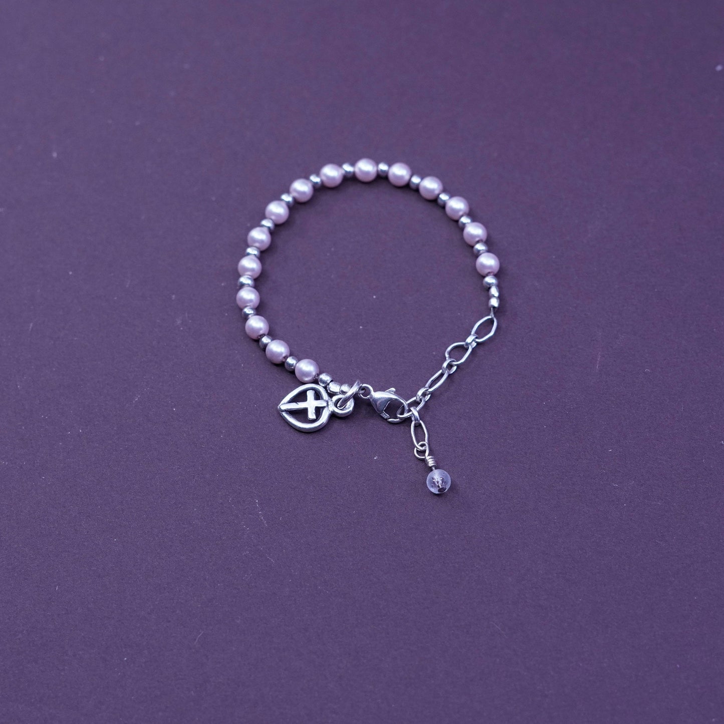 5.25”, Sterling 925 silver handmade bracelet, pearl beads chain heart cross