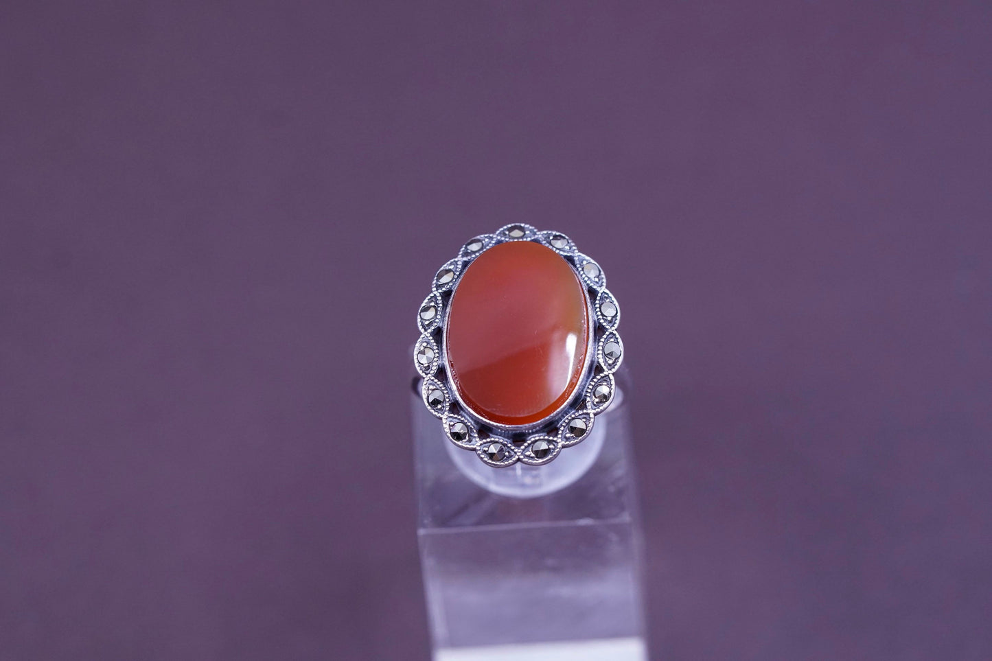 Size 9, vtg Sterling silver handmade flower ring with carnelian and Marcasite