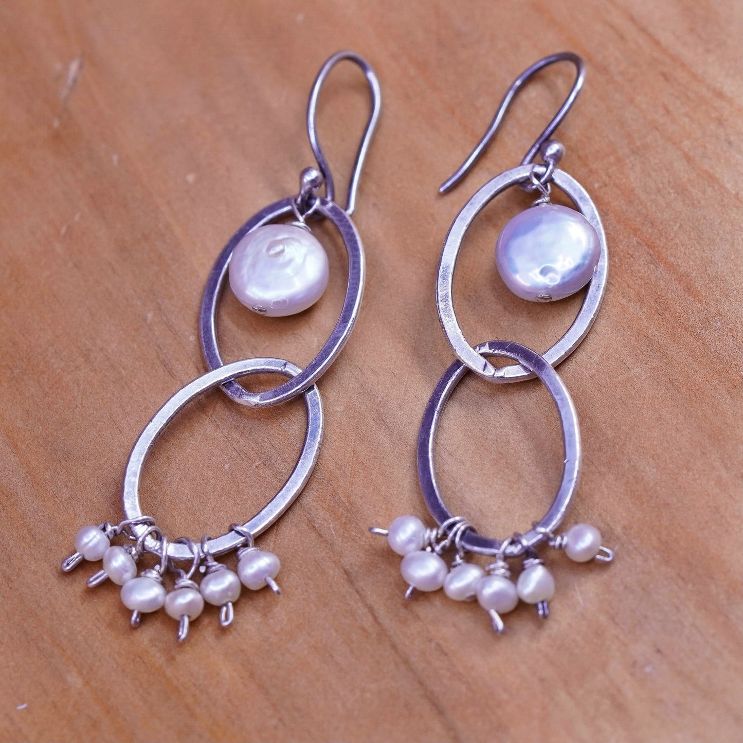 Vintage Sterling 925 silver handmade oval earrings with cluster pearl