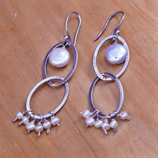 Vintage Sterling 925 silver handmade oval earrings with cluster pearl