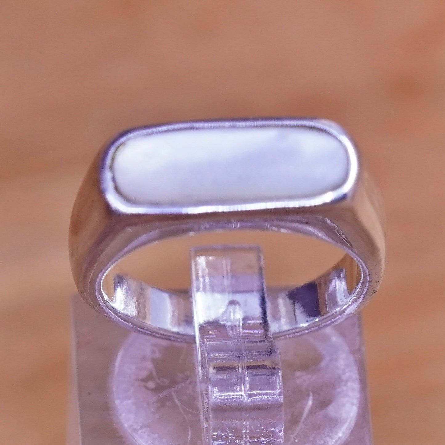 Size 6, vintage sterling 925 silver handmade band ring with long moonstone