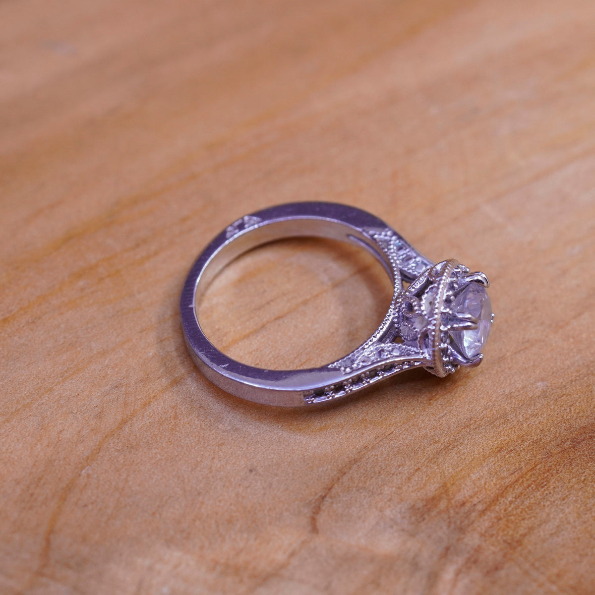 Size 6, vintage Sterling 925 silver engagement ring with cluster cz