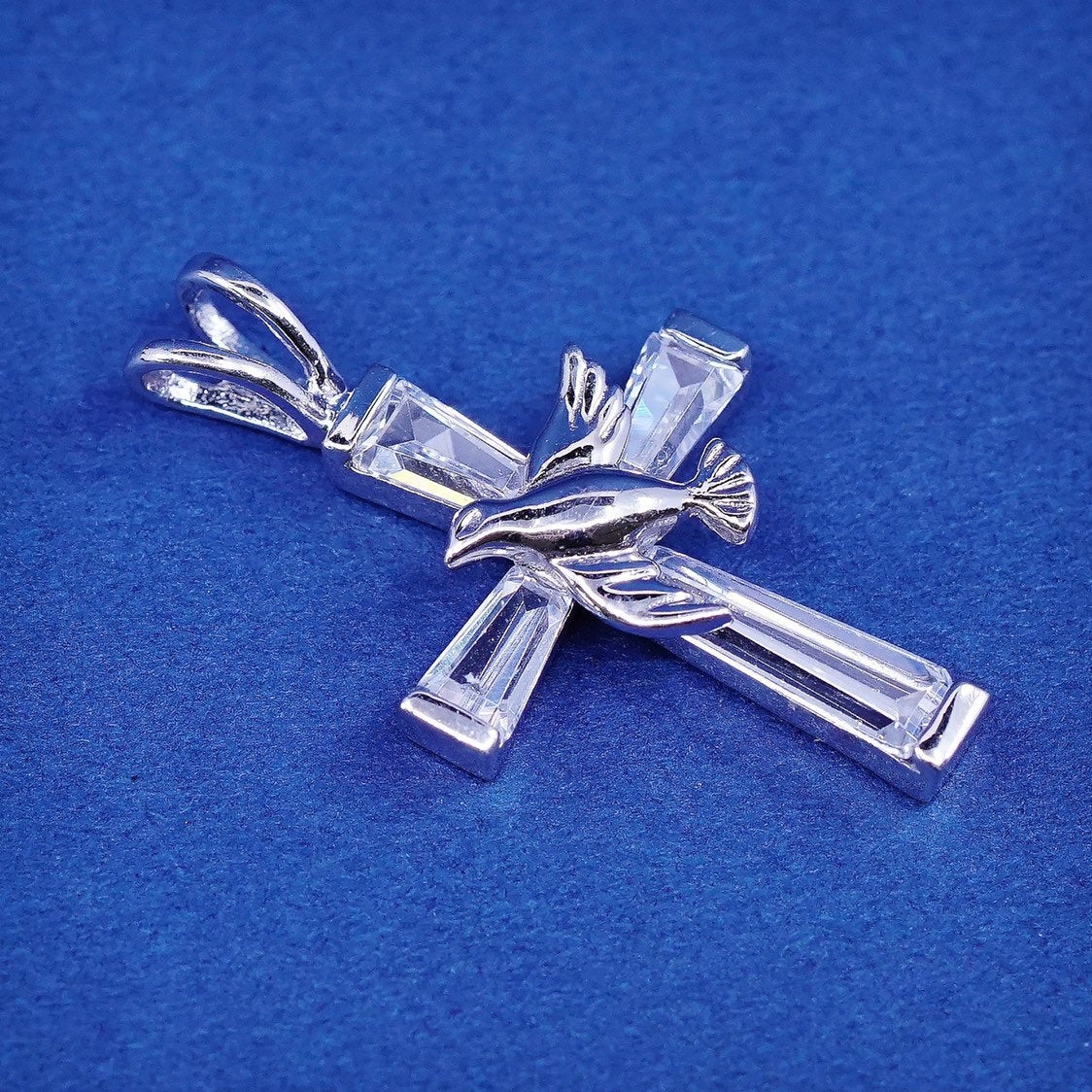 vtg Han Sterling silver handmade pendant, 925 cross w/ bird and crystal
