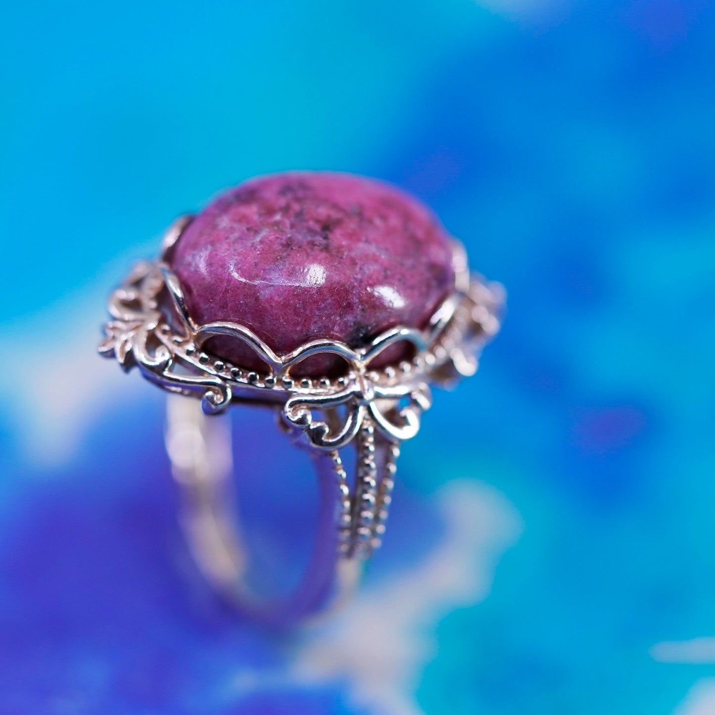 Size 7.25 vintage vermeil rose gold sterling silver filigree ring pink jasper