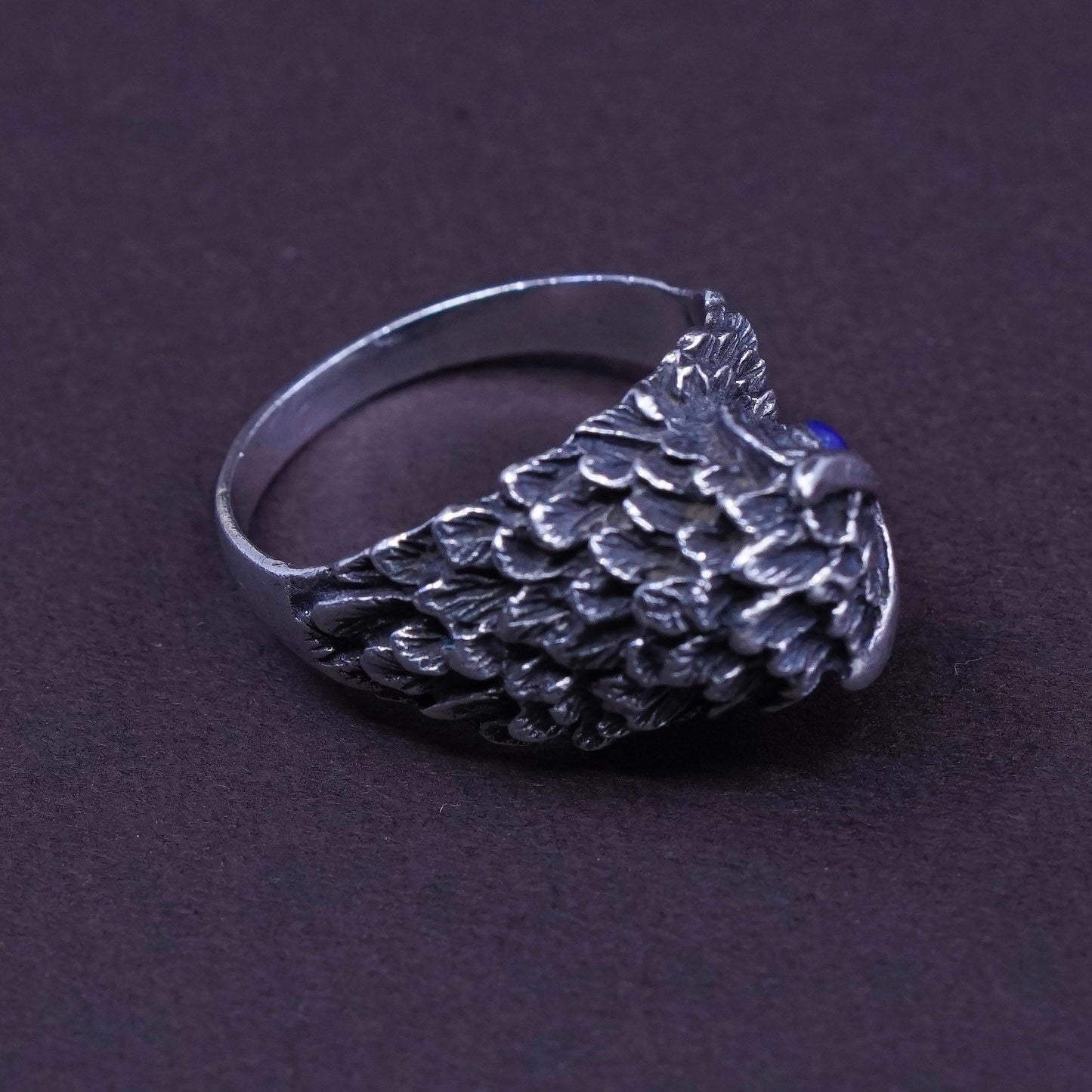 sz 6.25, vtg Sterling 925 silver handmade statement owl band ring w/ lapis
