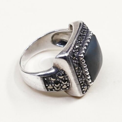 Sz 7.75, Vtg Handmade Sterling 925 Silver Cocktail Ring W/ Turquoise N Marcasite