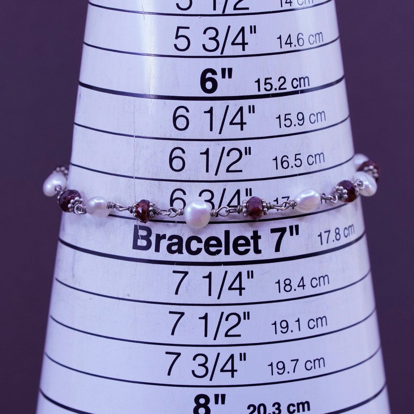 6.75”, vintage Sterling 925 silver beads bracelet with garnet and pearl