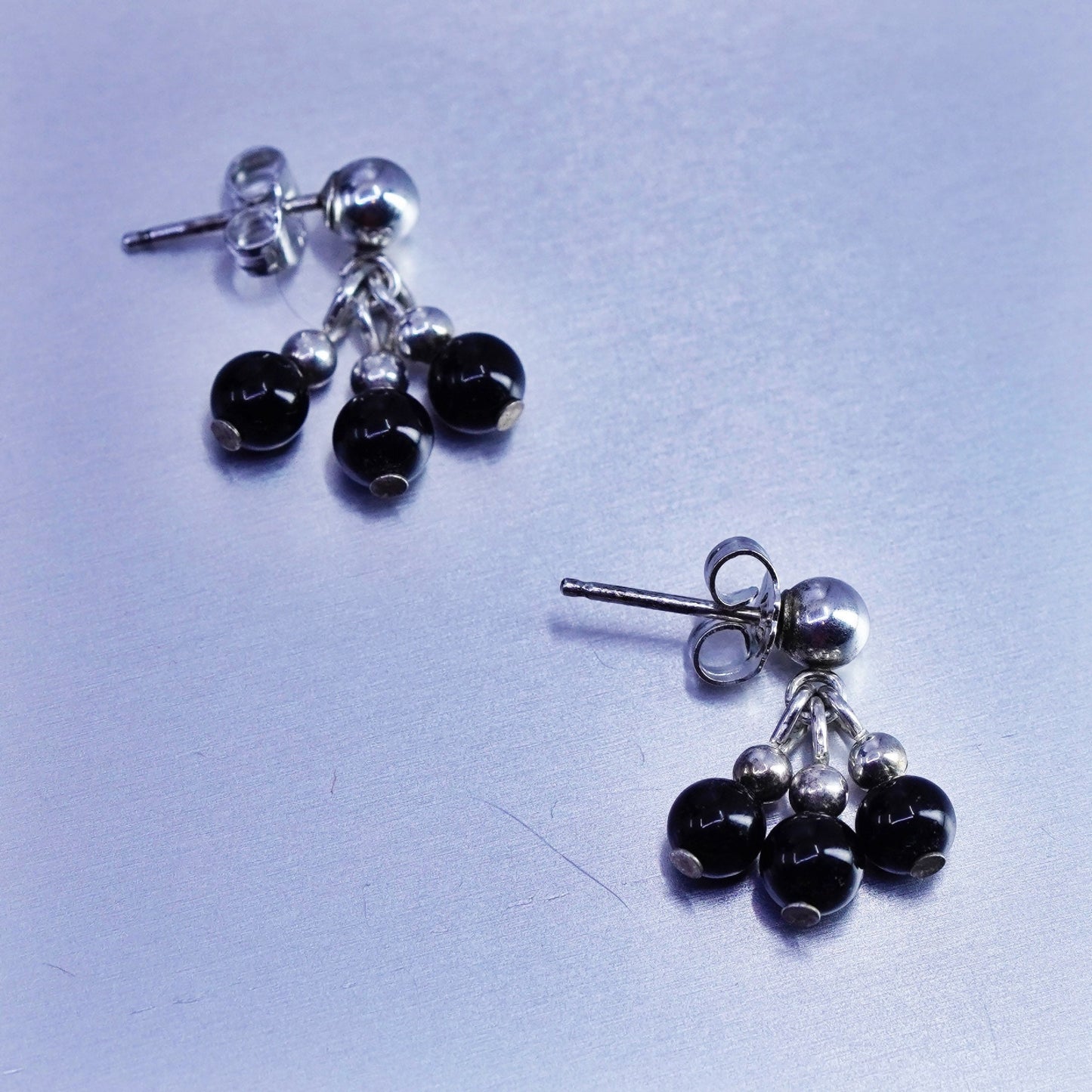 Vintage Sterling 925 silver handmade earrings with obsidian beads
