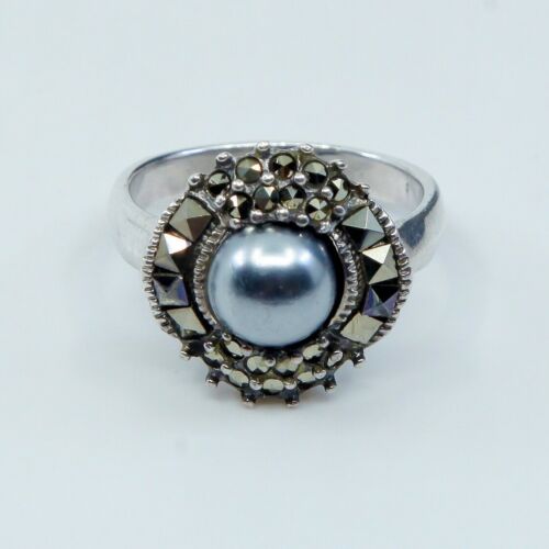 Sz 8.25, Vtg Sterling Silver Handmade Ring, 925 Silver W/ Faux pearl N Marcasite