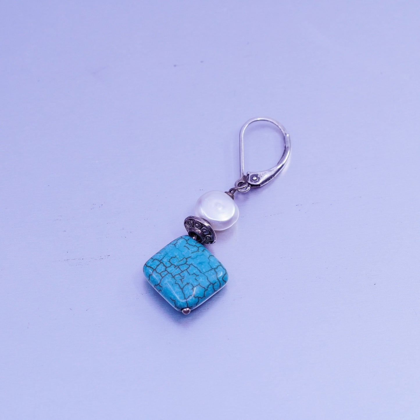 Vintage Sterling 925 silver handmade earrings with square turquoise and pearl