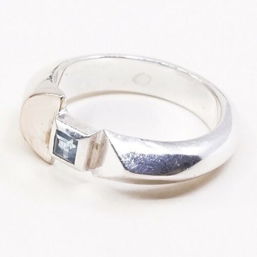 Sz 7.5, Vtg ECL Modern Sterling Silver Cocktail Ring, 925 W/ Blue topaz