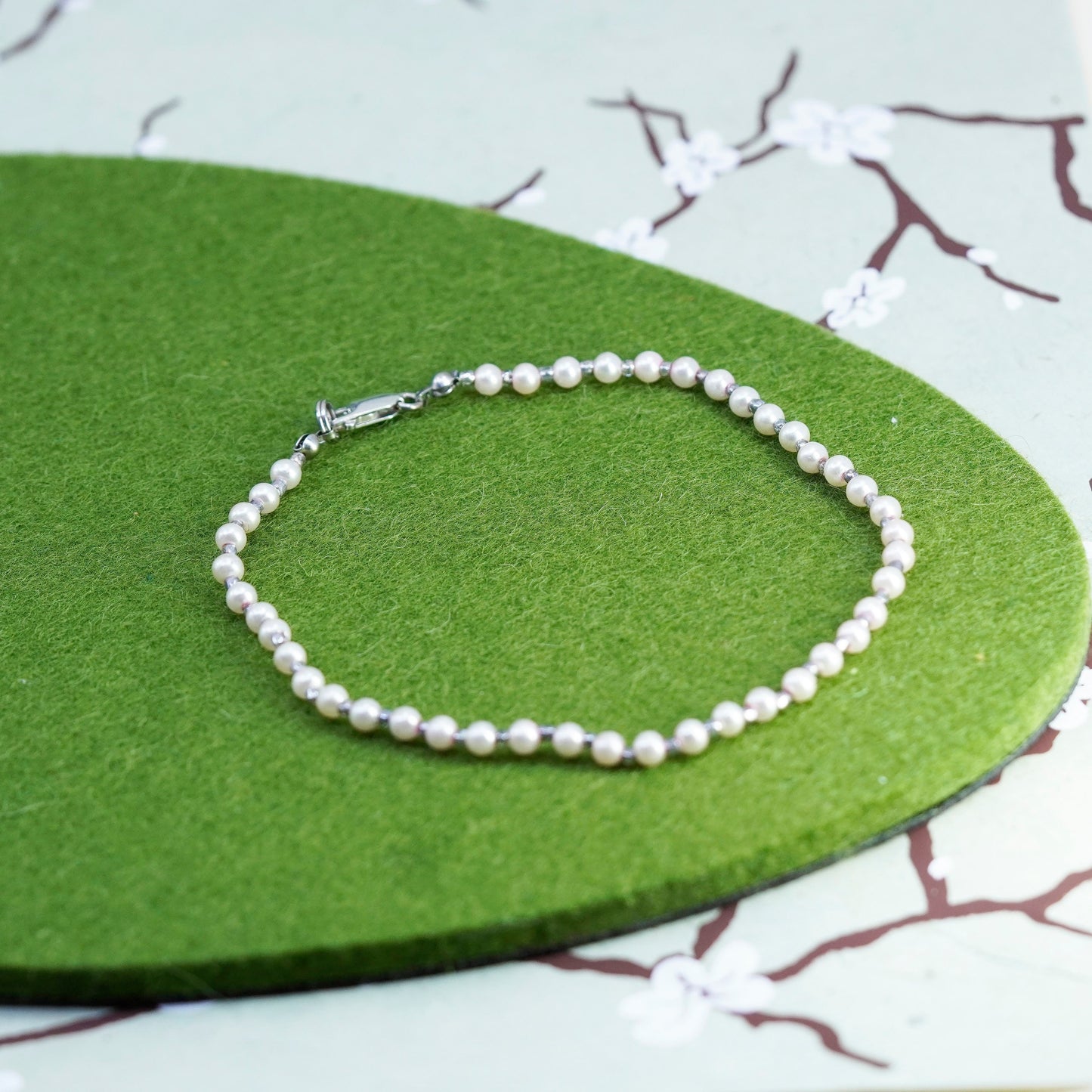 9.75”, Vintage handmade anklet bracelet, freshwater pearl with 925 silver clasp
