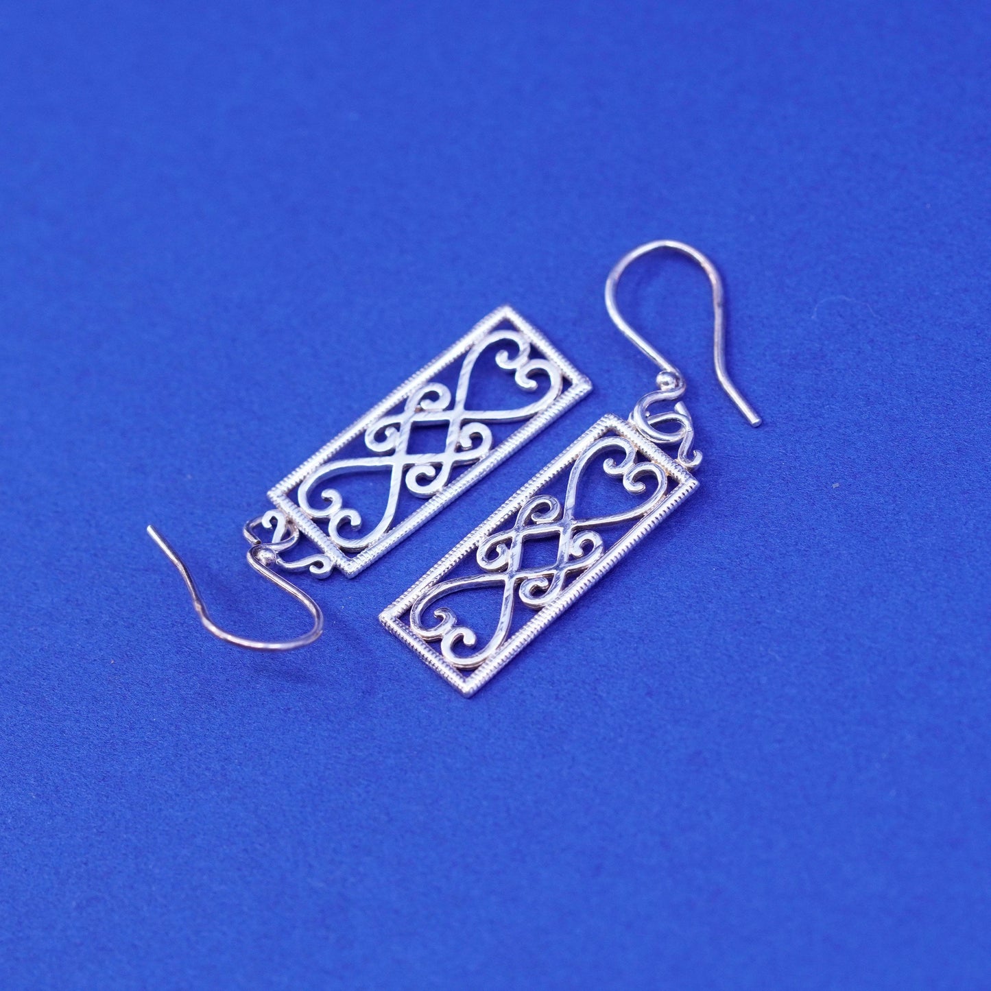 Vintage Sterling silver handmade earrings, 925 l filigree heart drops