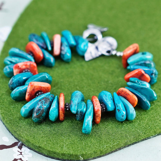 7”, southwestern Sterling 925 silver handmade bracelet turquoise coral beads