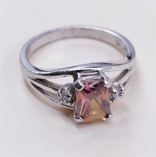 Sz 8, Vtg Sterling Silver Ring, 925 Silver Engagement Ring W/ Orange Crystal