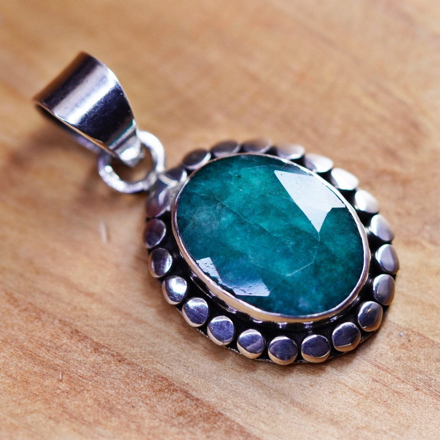 Samuel Benham Bjc Sterling 925 silver handmade pendant with oval emerald bead