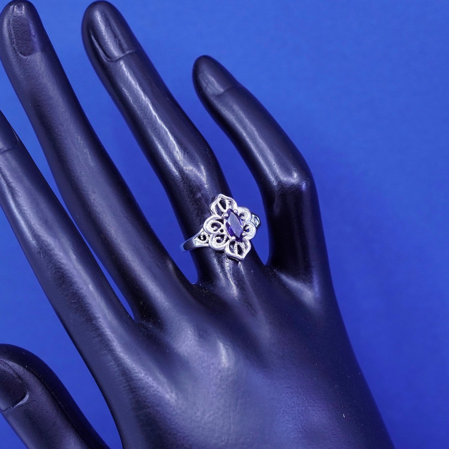 Size 6.25 Vintage Sterling 925 silver filigree handmade ring with amethyst