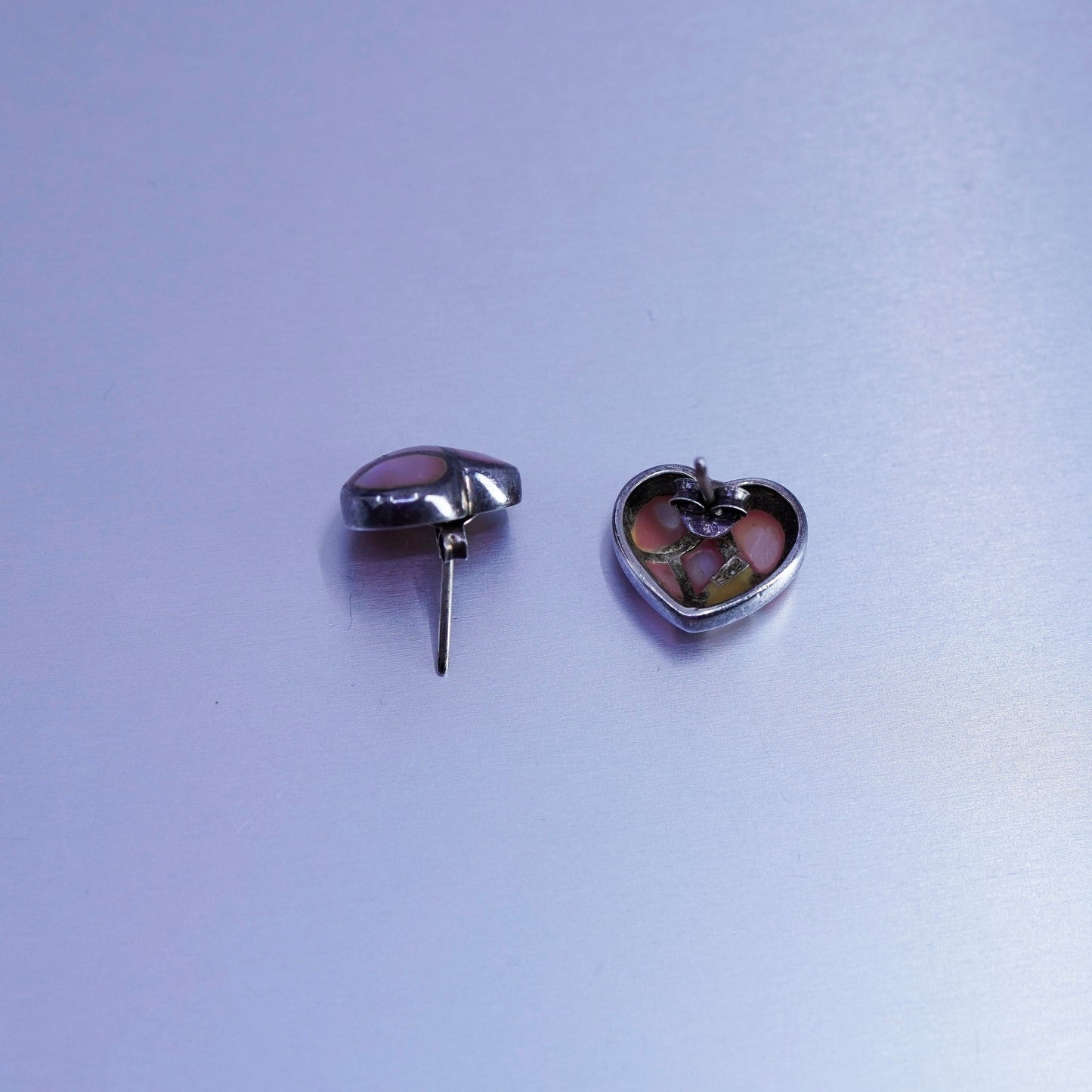 Vintage Sterling 925 silver earrings, heart studs with pink mother of pearl