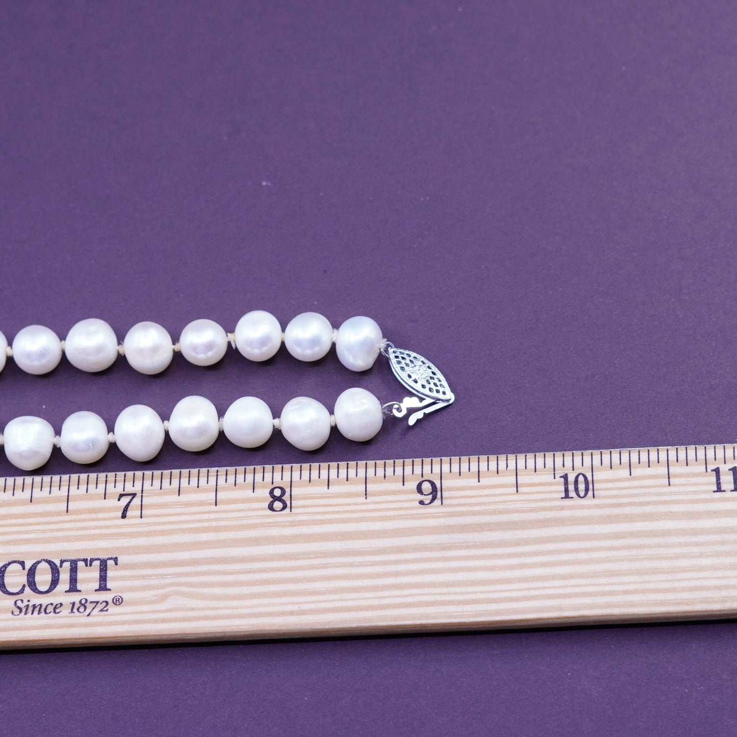 18”, vintage Sterling silver handmade necklace, 925 clasp 9-10mm pearl beads