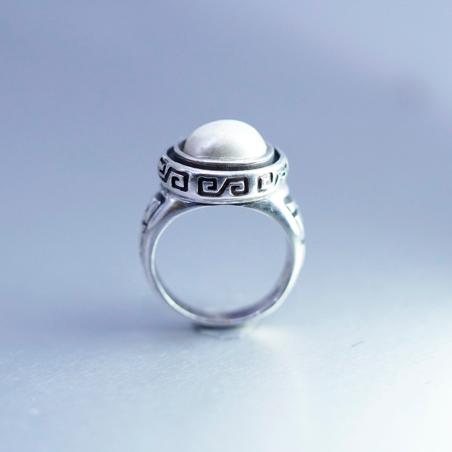 Size 5.5, vintage Sterling 925 silver handmade ring with faux pearl Greek key