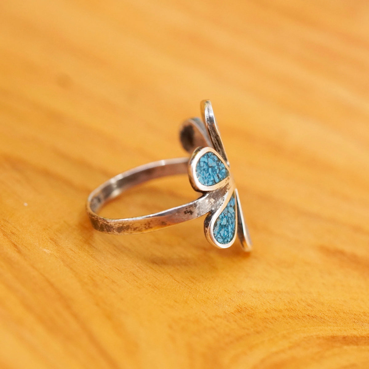 Size 5.75, vintage Sterling silver ring, mexico 925 flower band with turquoise