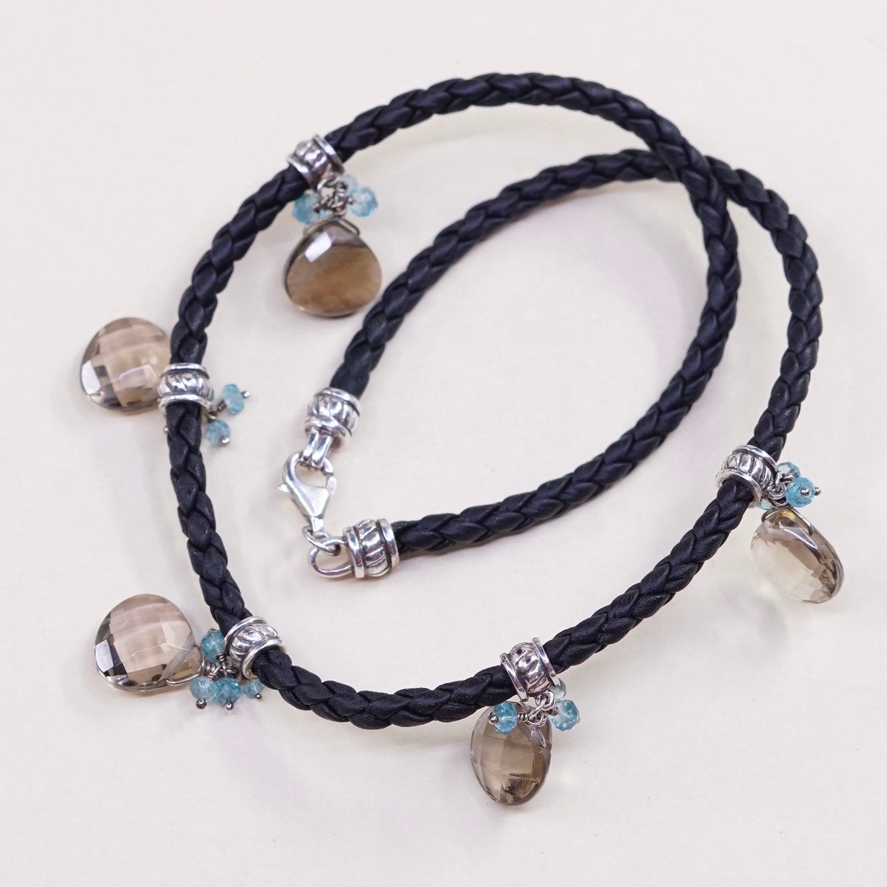 16", sterling silver choker collar necklace w/ leather Teardrop topaz charm