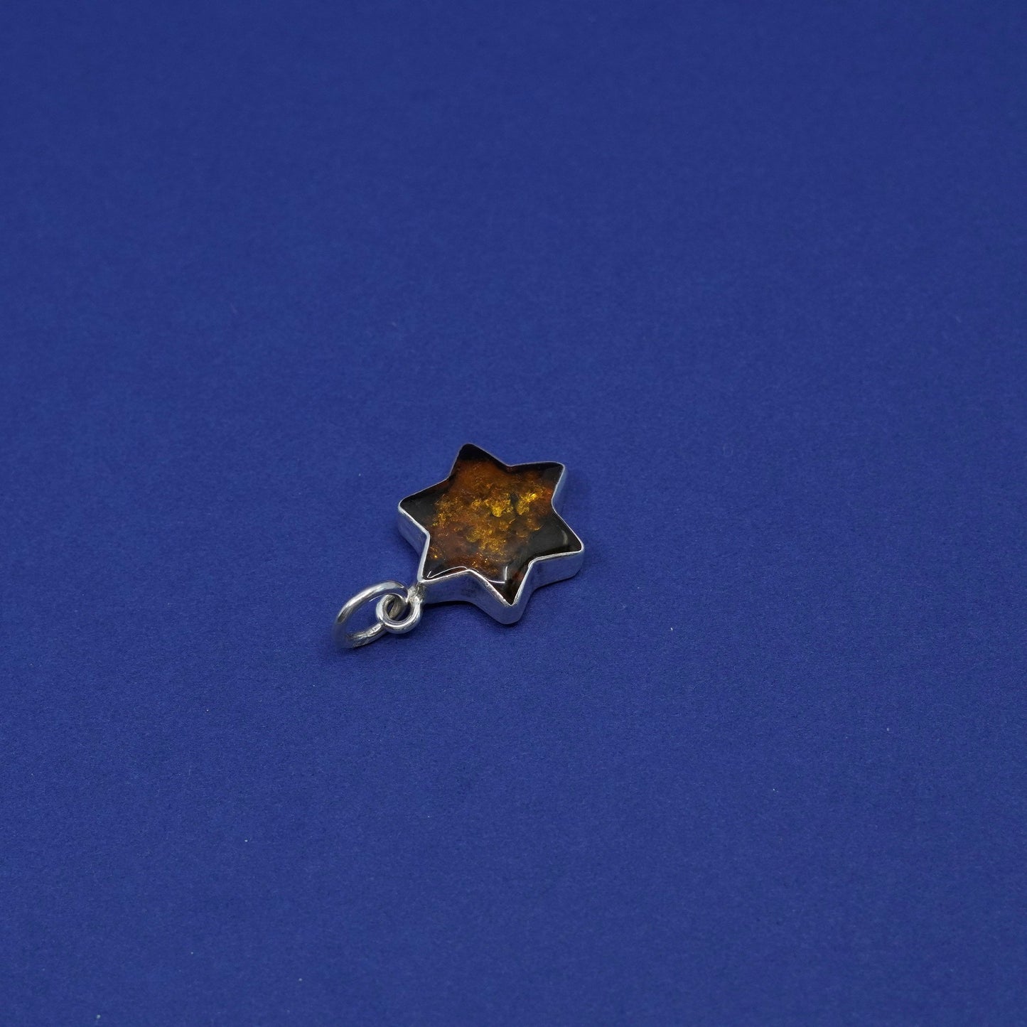 Vintage Sterling silver handmade pendant, 925 hexagram star amber charm
