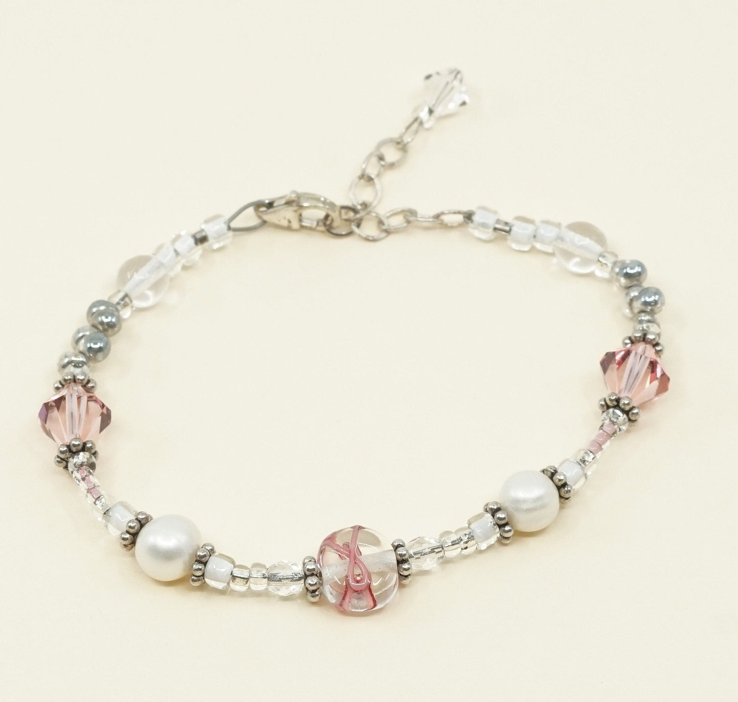 6.25”+1”, VTG Sterling silver handmade bracelet, pearl beads w/ pink crystal
