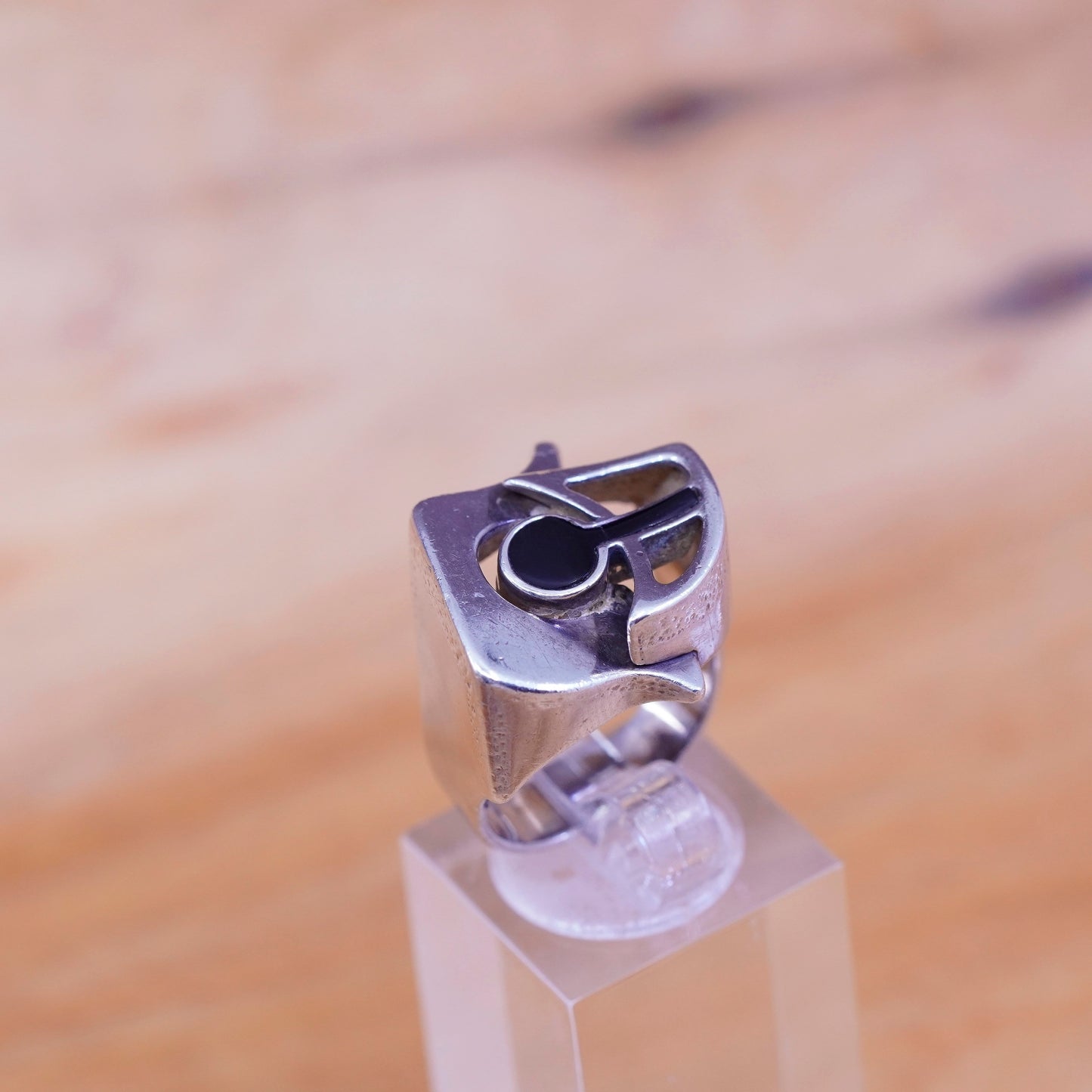Size 5.5, vintage Sterling silver handmade ring, modern 925 band with onyx