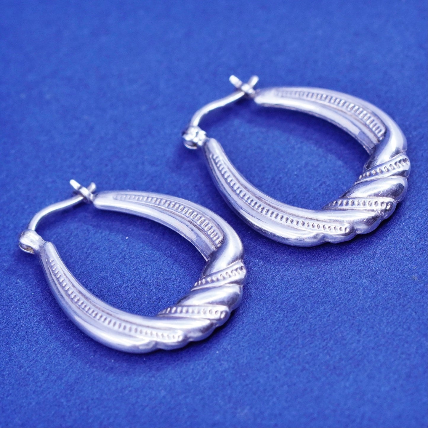 0.75”, vintage Sterling silver handmade textured hoop earrings, 925 huggie