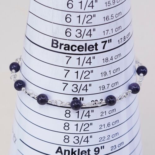 8”, Vtg Sterling 925 Silver Handmade Bead Bracelet, Purple Goldstone beads