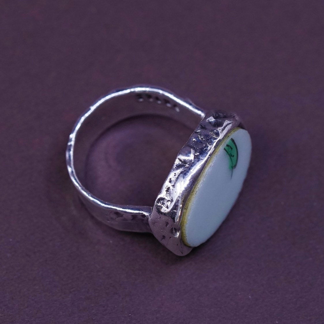sz 7, PB Sterling silver handmade ring, Mexican 925 wide band w/ China pottery