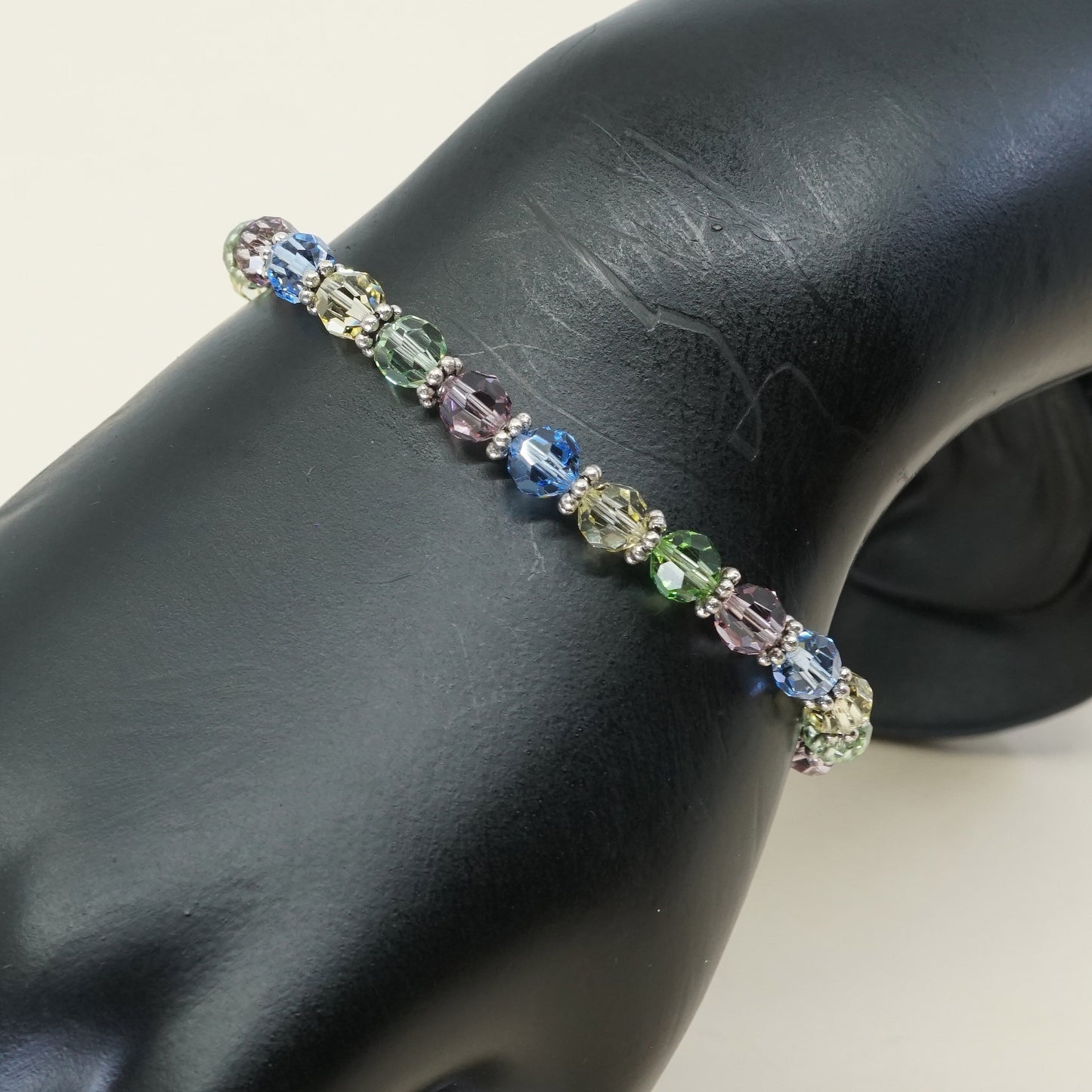 6.5", VTG Sterling silver handmade bracelet, 925 beads W colorful crystal beads