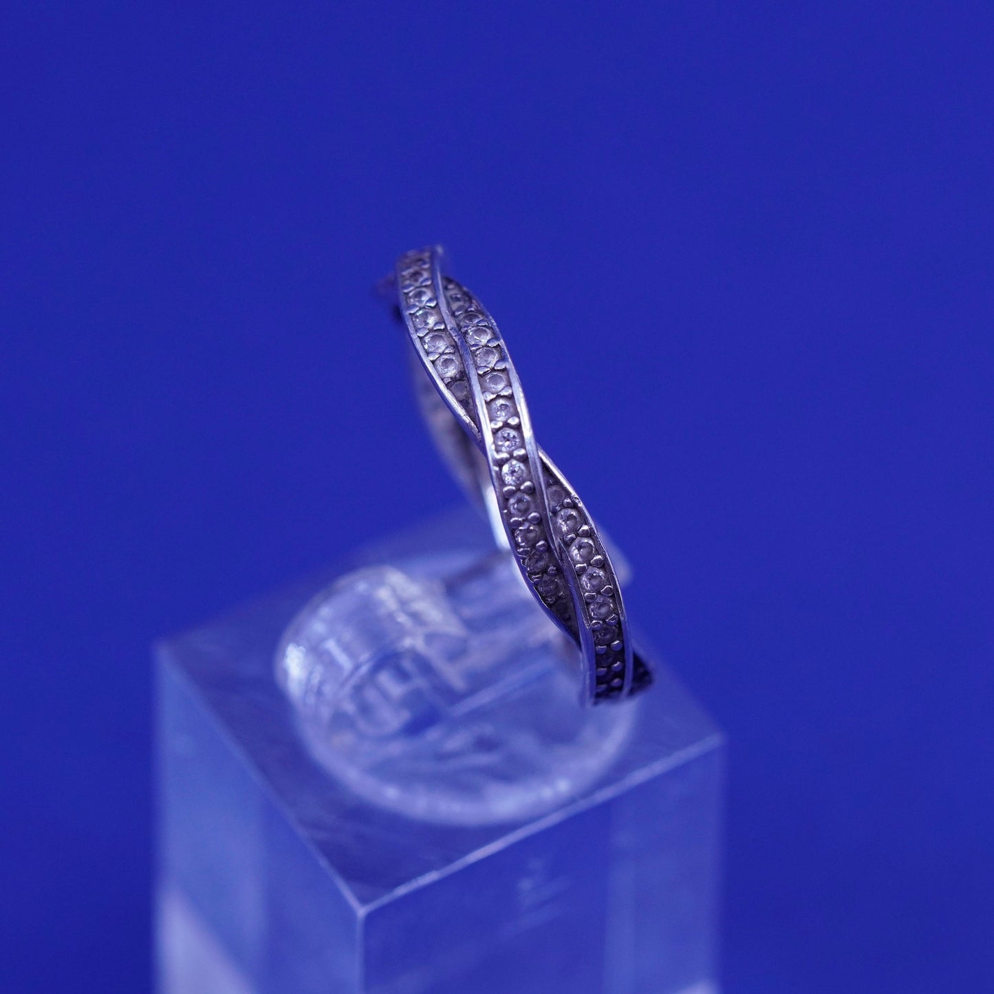 Size 8.5, vintage ALE sterling silver handmade ring, 925 entwined band with cz