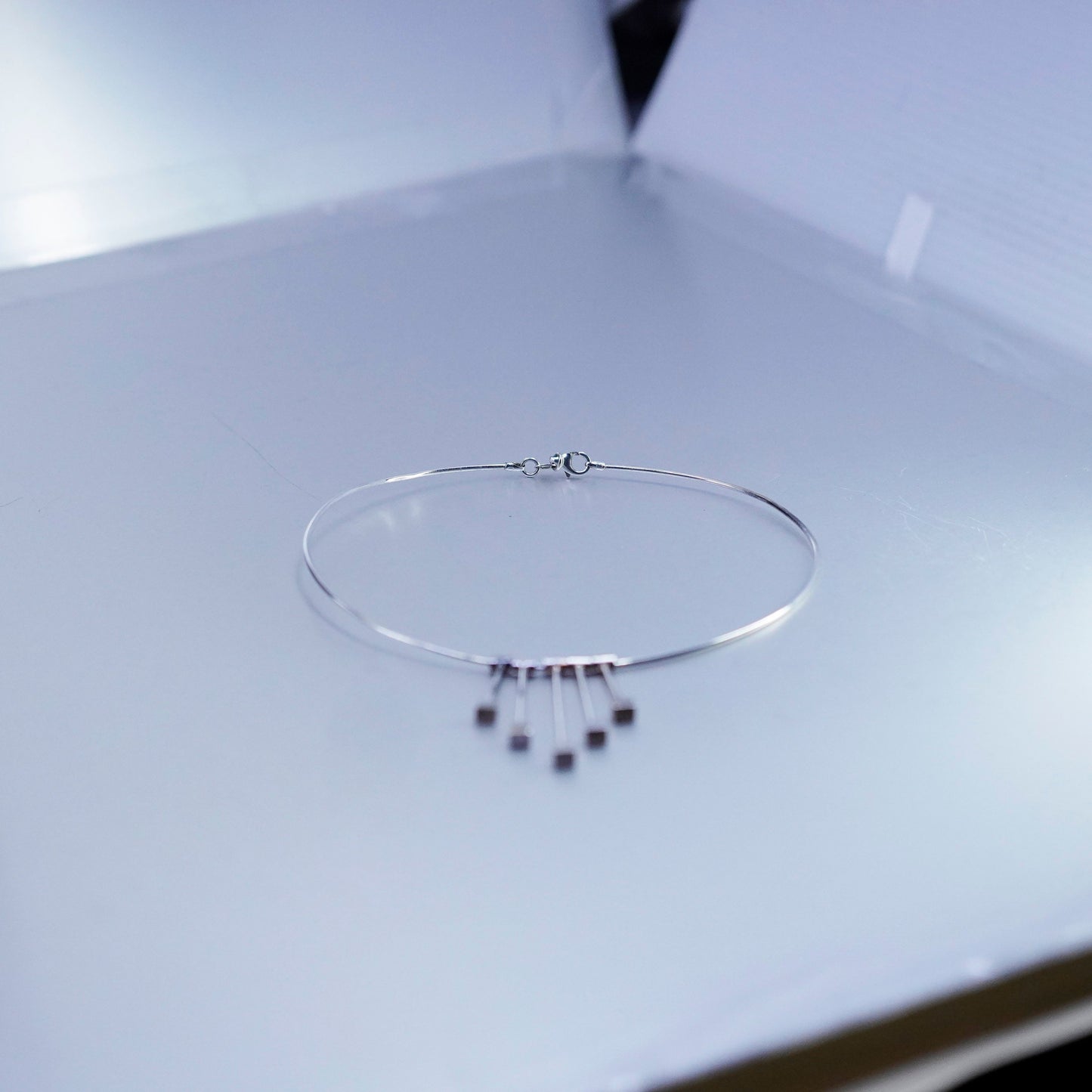 13”, Sterling 925 silver handmade choker collar necklace cube fringe pendant