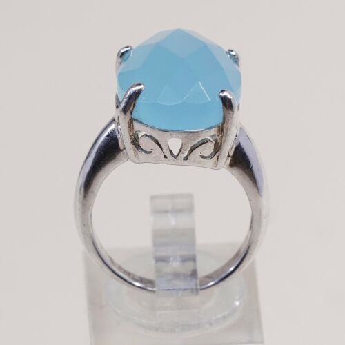 Sz 6.75, Vtg Sterling Silver Handmade Ring, 925 W/ Checker Cut Green chrysoprase