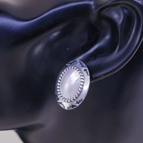 Vtg C Co Handmade STERLING SILVER earrings, 925 Studs W/ Pearl N Stamped Texture