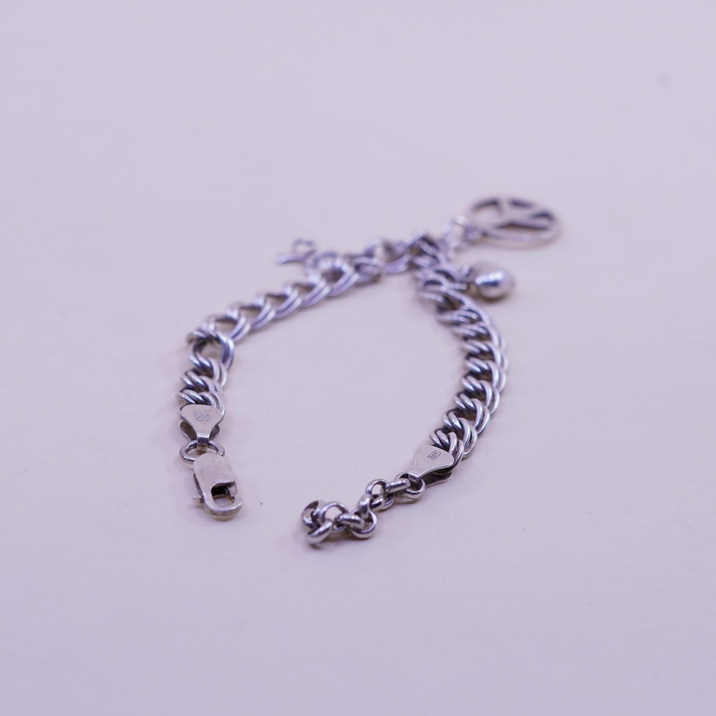 7+1”, sterling 925 silver double curb bracelet CND peace heart flower charms